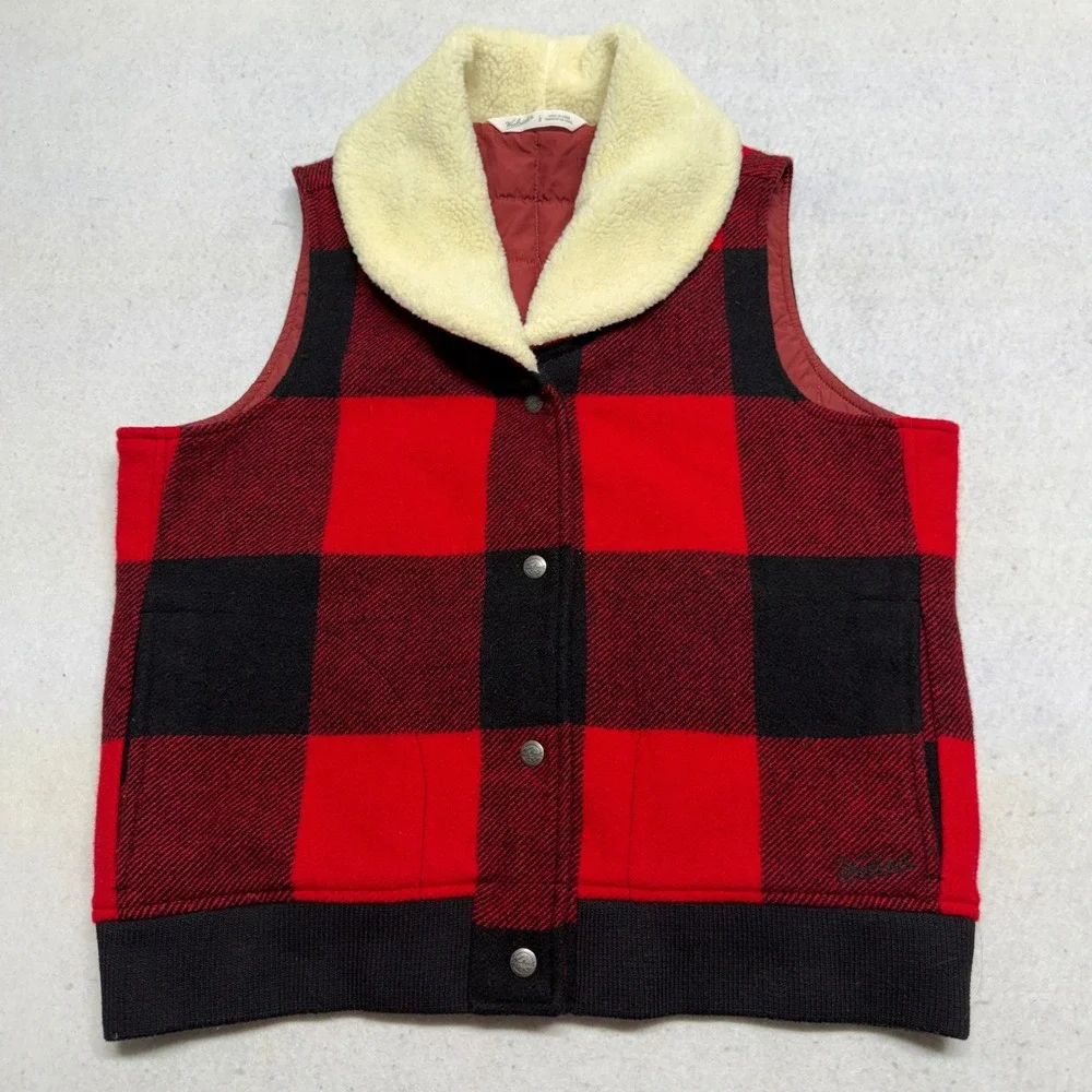 Vintage Woolrich Buffalo Plaid Wool Vest Sherpa Collar Quilt Lined Western Large